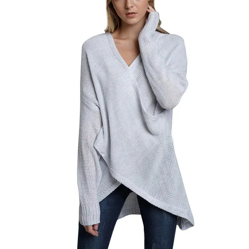  Women's Casual Knitted Sweater Solid Color Loose Long Sleeves V-Neck Pullover Asymmetric Long-Sleeved Sweater All-matching Tops