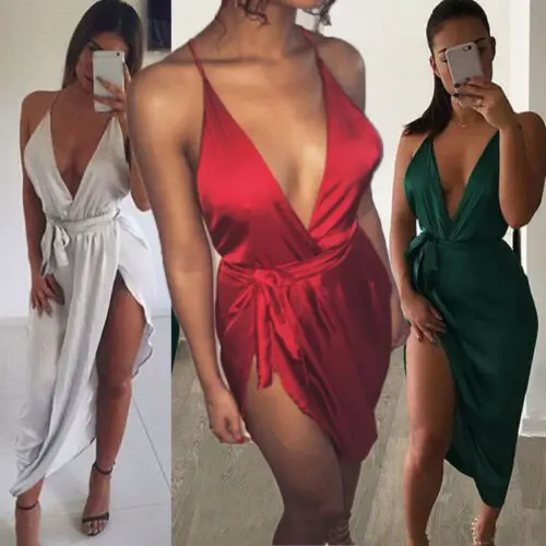 

Women's Ladies Solid Boho Floral Chiffon Summer Hanging Neck Deep V neck Party Evening Beach Short Mini Dress Sundress