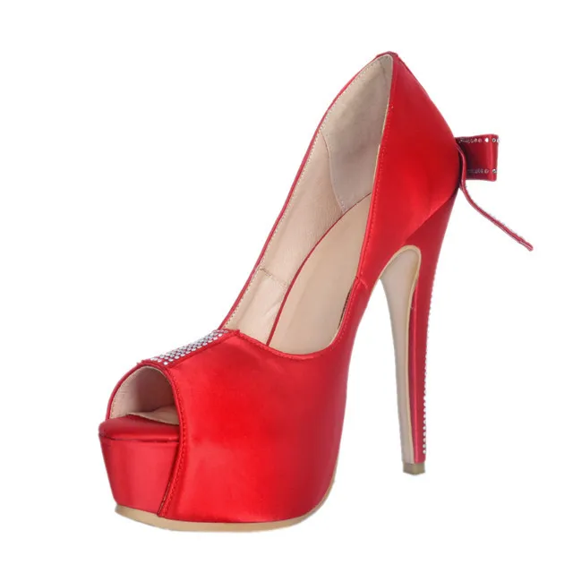 

Moraima snc 2019 High Quality Red rhinestone bow fish mouth high heel wedding shoes Red High Heels