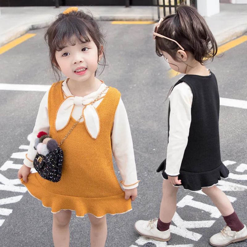 

2019 New Spring and Autumn suit Girls' Knitting dress Two-piece set of 1-4-year-old Baby Leisure T shirt Children's suit Tide