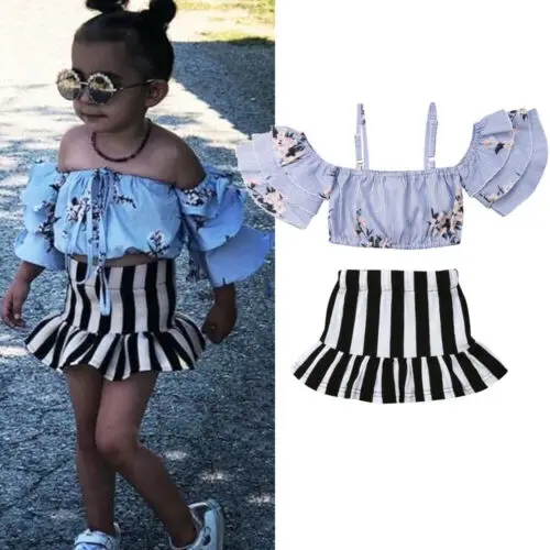 

2019 Baby Girl summer clothing set Off Shoulder Floral Tops Stripe Skirt Ruffle Outfits Sunsuit for Kid clothes toddler Children