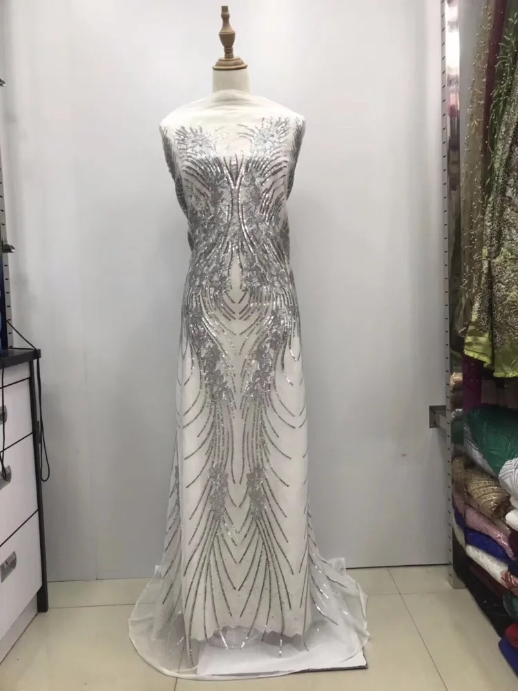 

New African Sequins Mesh Fabric Silver Shining Transparent Party Dress Clothes Cloth India Sari Embroidery Tissu