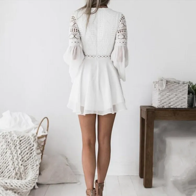 

New Fashion Female Hollow Out Flare Sleeve Party Dress Spring Patchwork Lace-Up V-Neck Solid Mini Dresses