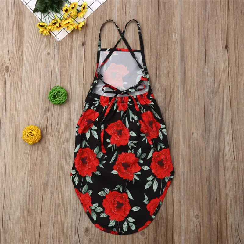 

Kids Baby Girl Flowers Dress Summer Backless Asymmetrical Dress Fashion Kid Girl Clothes Sleeveless Halter Lace-up Sundress 1-6Y