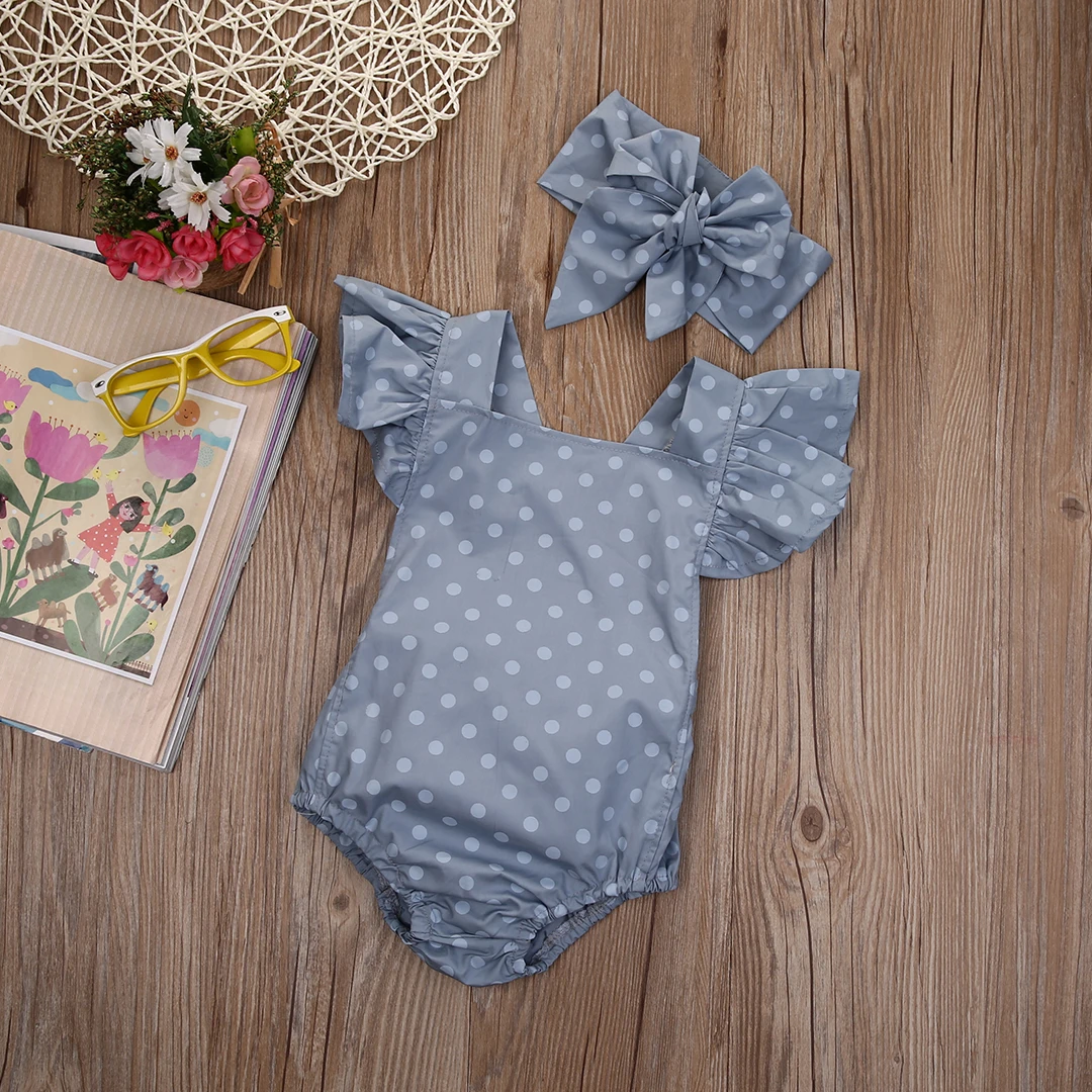 Модная повседневная одежда для новорожденных девочек, боди в горошек с квадратным воротником и открытой спиной+ повязка на голову
