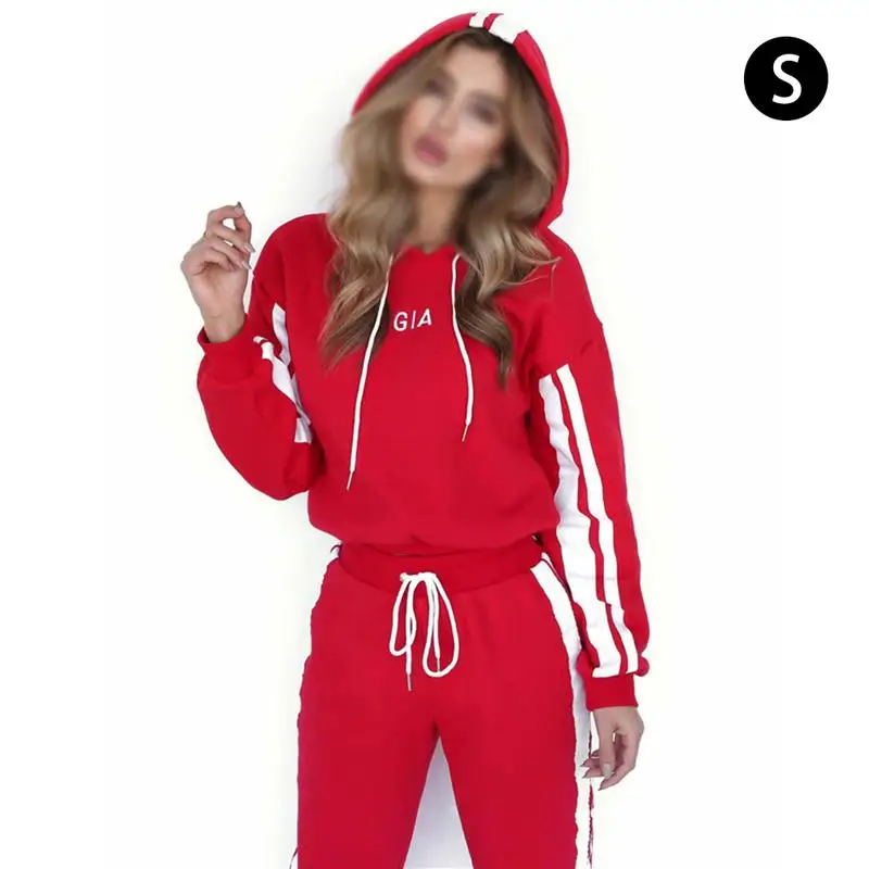 Color Stripe Short Belt Hoodie Casual Sport Suit Women Sweatshirt High Waist Pants Fashion Cotton Sports Suit Sets White Red Color Stripe Short Belt Hoodie Casual Sport Suit Women Sweatshirt High Waist Pants Fashion Cotton Sports Suit Sets White Red