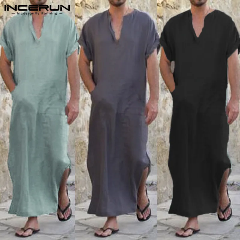 INCERUN Robes Men Islamic Arab Muslim Kaftan Cotton Short Sleeve Jubba ...