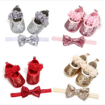 

2Pcs Baby Girls Shoes Headwear Bow Bling Sparkle Sequined PU Crib Shoes First Walkers Newborn Baby Girl Crib Shoe Headband 0-18M