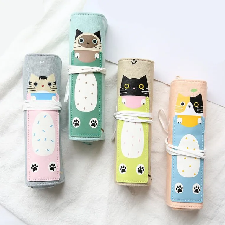 Cat Pencil Case School Pencil Bag for Girls Boys Canvas Roll Up Pencil