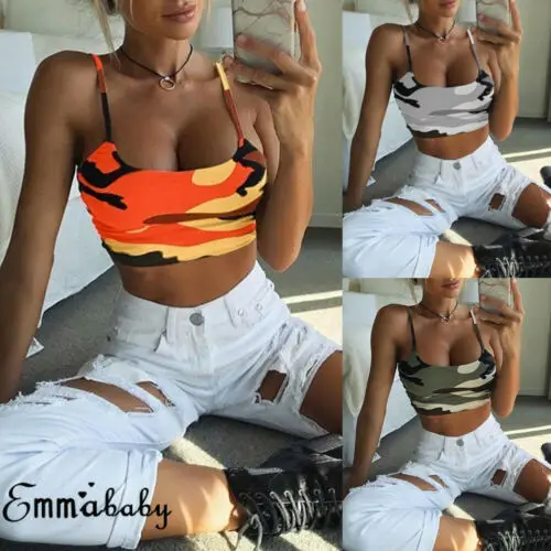 

US Women Sexy Camouflage Crop Top Bustier Tube Tank Tops Strap Cami Tops Vest Summer