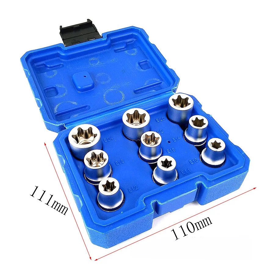 9Pcs 1/2 Plum Hex Socket Set Torx Star E Socket Sleeve Nuts Driver Bits E10-E24 Household Machine Car Repair Wrench Sleev