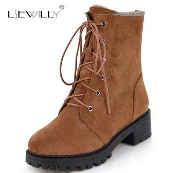 

Lsewilly Winter Fashion Women Square Heel Ankle Boots Woman Round Toe Lace Up Martin Boot Female Warm Fur Shoes Size 33-43 E252