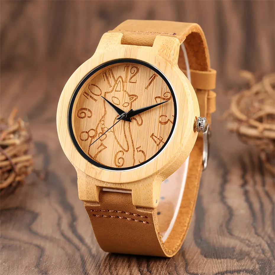 

Lovely Cat Bamboo Watch Women Quartz Genuine Leather Wristwatch Elegant Creative Wooden Top Gift Item for Lady reloj para mujer