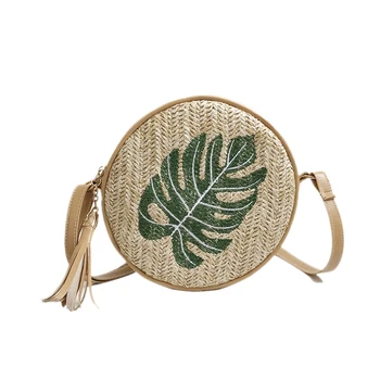 

FGGS Round Women Straw Bags Leaves Rattan Woven Beach Shoulder Bags Ladies Cossbody Bag Female Bohemian Handmade