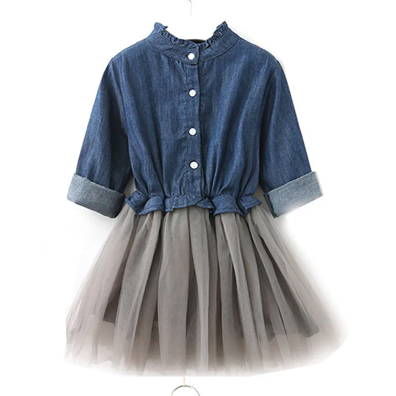 New Spring Autumn Baby Girls Dress Denim Mesh Patchwork Princess Girl Dress Long Sleeve Toddler Kids Dresses For Girls