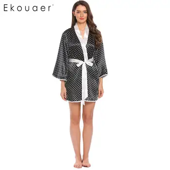 

Ekouaer Women Dressing Gown Satin Robes Flare Sleeve Polka Dot Lace-up Night Robe Mini Nightgown Sleepwear Bathrobe Spa Robe