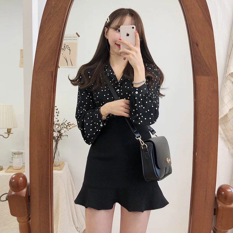  Plus Size Loose Preppy Style Shirts Blouse Women Cute Sweet Tops Polka Dot Top Korean Style Design 