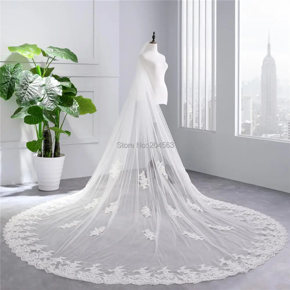 

White or Ivory Veil High Quality Two-Layer Cathedral Veil Stunning Wedding Veils Lace Long Tulle Veil for Bride with Comb HL2019