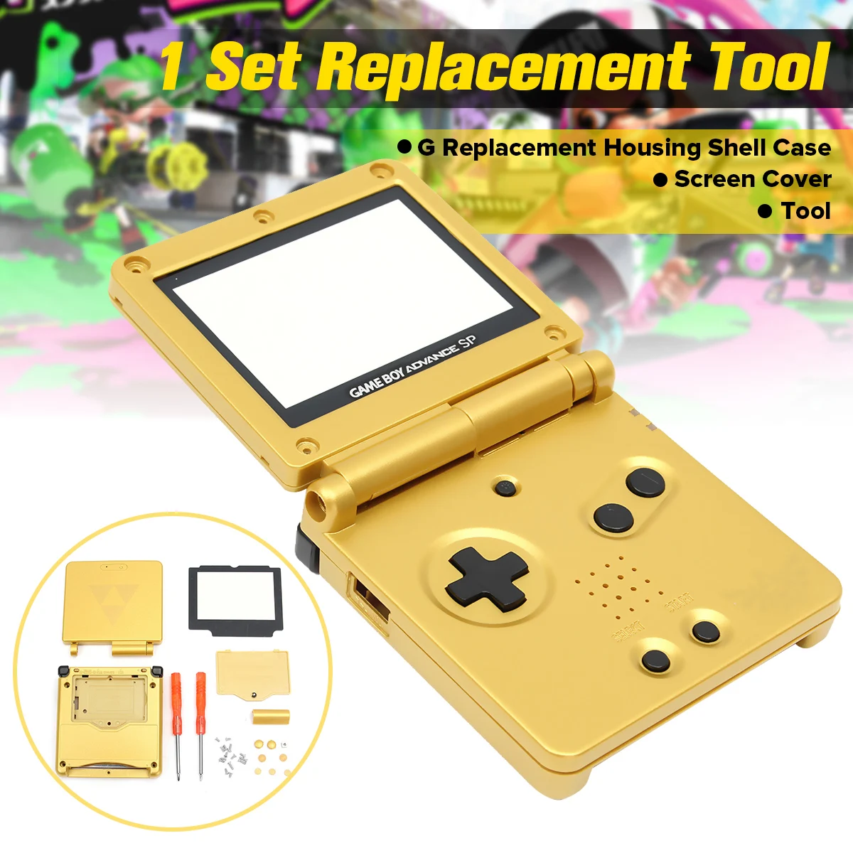 1 Set Golden For Gameboy Advance SP Replacement Case Full Housing Shell +Screen Cover+Tool For Nintendo For GBA SP