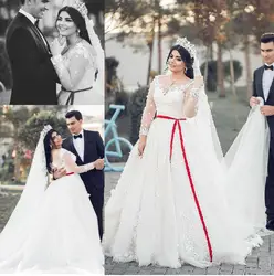 Элегантный индивидуальный заказ плюс размер красный кушак Свадебные платья для невесты с длинным рукавом жемчужина шеи длинное бальное