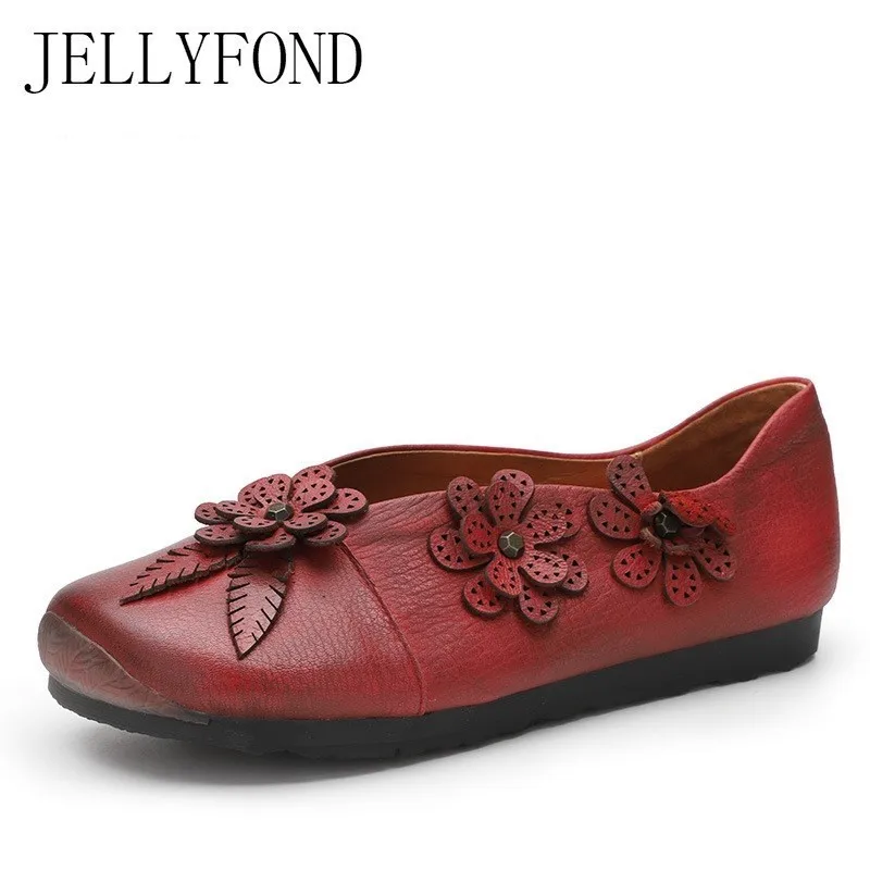 

JELLYFOND Brand Ladies Flats Women Natural Leather Floral Handmade Shoes Woman Retro Soft Slip On Loafers Plus Size Moccasins
