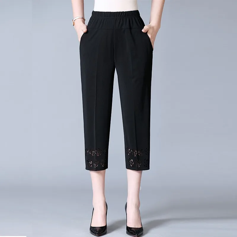 

Middle Aged Women New Summer Thin Straight Capris Pants Casual Loose High Elastic Waist Calf-Length Pants Plus Size XL-5XL