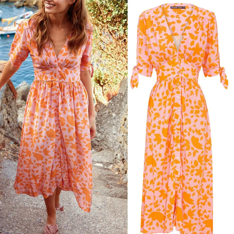 

Vintage Women Boho Print Dress Beach Summer V-neck Mid-Calf Dresses