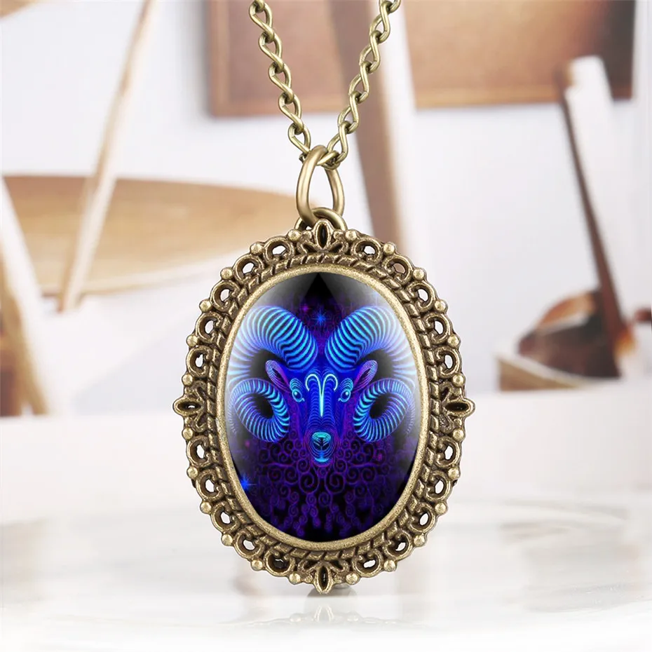 

Exquisite Twelve Constellations Theme Quartz Pocket Watch Oval Necklace Pendant Clock for Lady Women with Bronze Fob Chain reloj