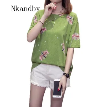 

Nkandby Plus size L-4XL Femme T-shirt 2019 Summer Casual Loose Half sleeve Women T shirts Fish Bones Print Cotton Tops Oversized