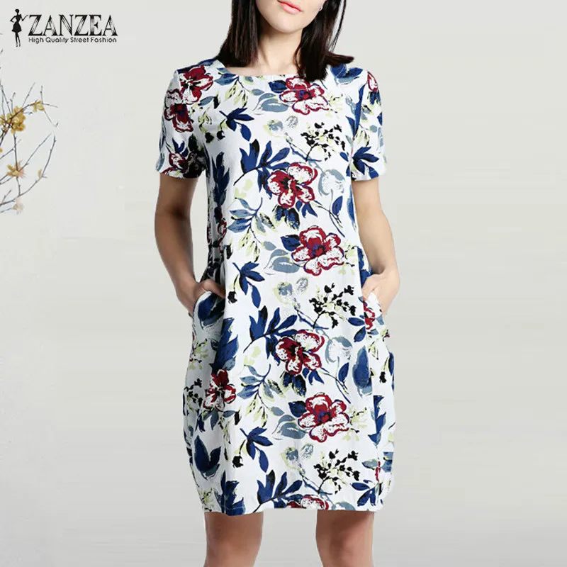 ZANZEA летнее праздничное платье с цветочным принтом, женское повседневное свободное платье с коротким рукавом и карманами, винтажное хлопковое льняное платье