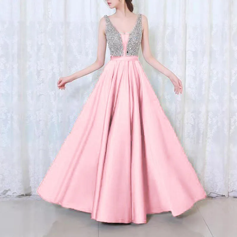 

New Women Sexy Strapless V-neck Dress Formal Party Dress slim high waist a line long Maxi Dress patchwork vestidos verano 2019