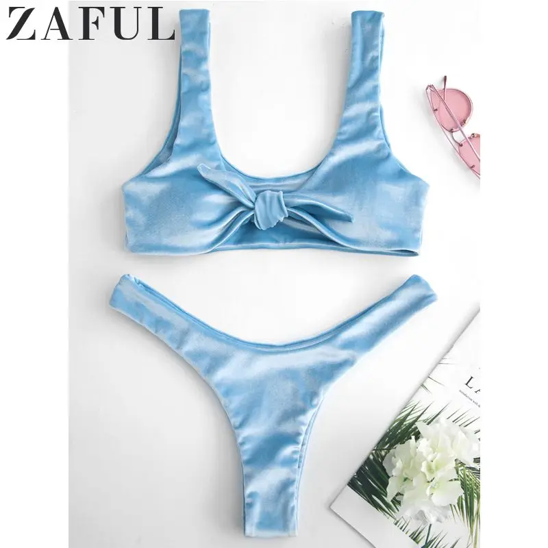 

ZAFUL Sexy Swimwear Tie Front Velvet High Cut Bikini Set Bathing Suit Wire Free Padded Scoop Neck Swimsuit Beach Suits