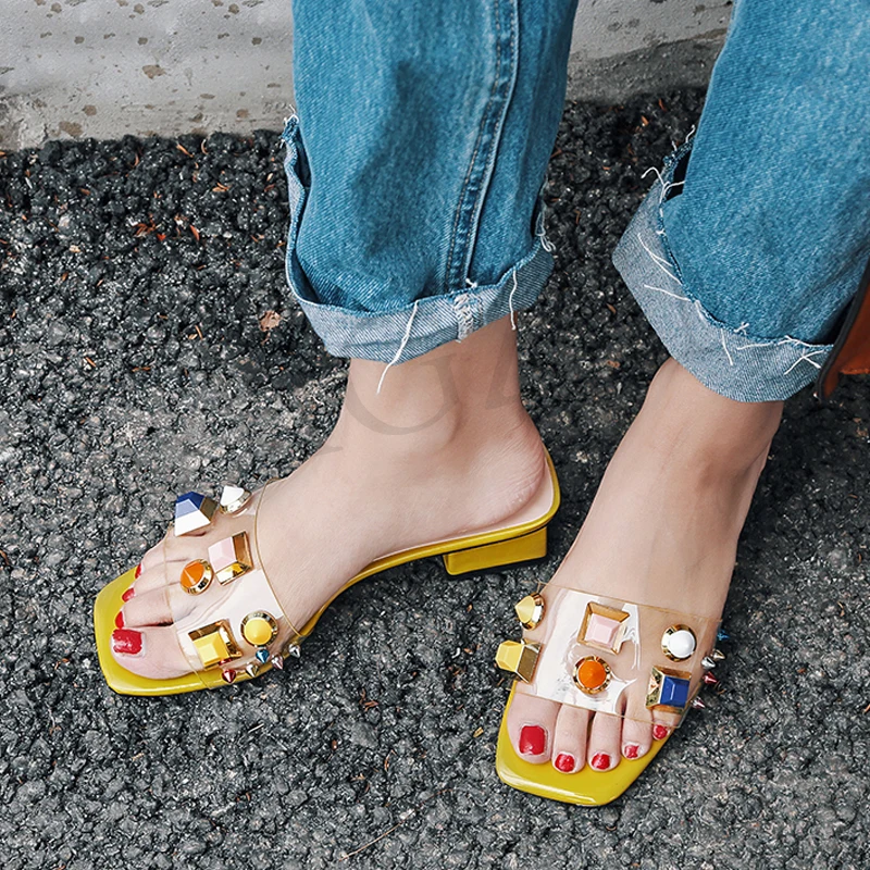 

LAIGZEM STYLISH Women Slides Square Toe Clear Sandals PVC Block Heel Studs Buckle Casual Mules Shoes Woman Sapato Big Size 33-43