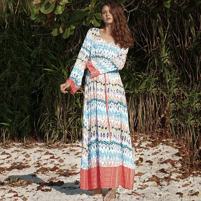 

Women Maxi Dresses Travel Boho Beach Blue Summer Aline High Waist Lace Up Print Casual Female Fashion Elegant Long Dress