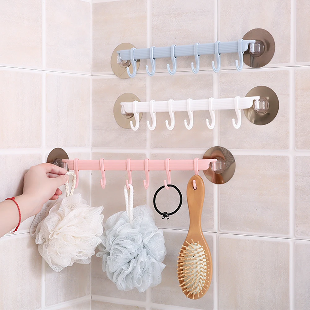 

Wall Mount Six-hook Seamless Nail-free Clothes Hook Viscose Hook For Kitchen And Bathroom Home Essential