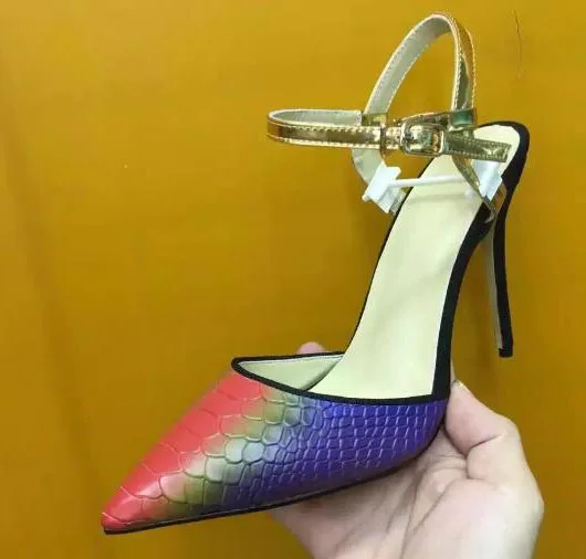 

Sexy Ladies Ankle Strap Gradient Colors Python Leather Pumps Stiletto Women Pointed Toe Fashion Party High Heels Sandalias Shoes