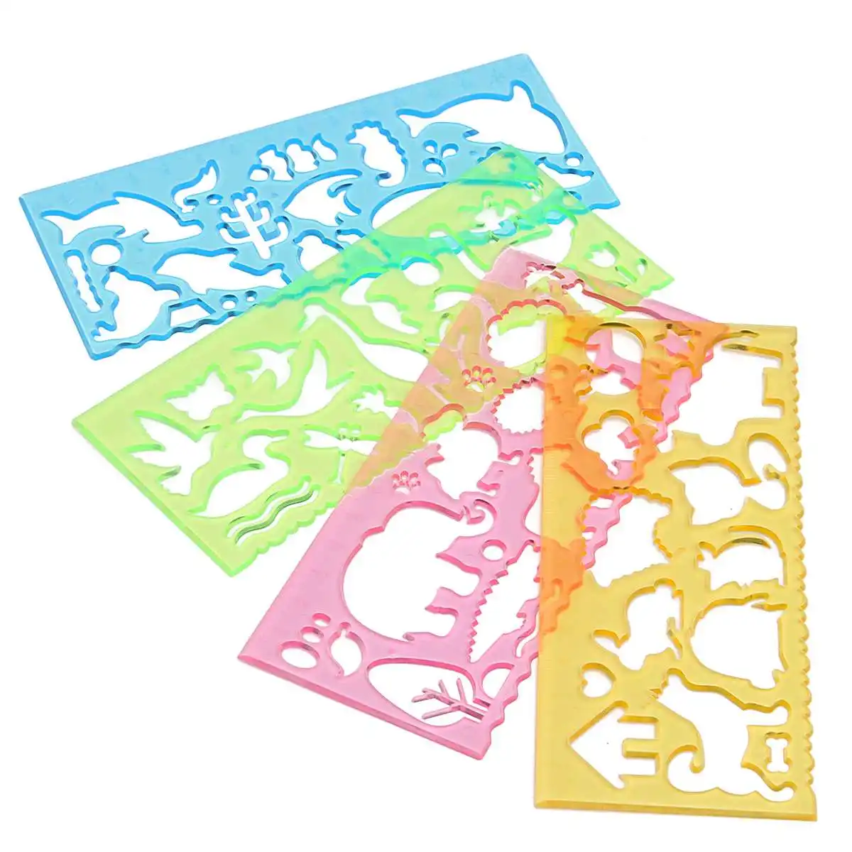 

KICUTE 4pcs Animals Multifunction Ruler Candy Color Geometric Drawing Template Learning Tool Stationery School Painting Supply