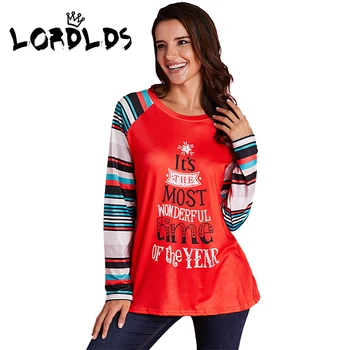 

LORDXX Long Sleeve Shirt Women Christmas Fashion Womens Printed Tshirts 2018 O-neck Female Striped Shirts Red Tops