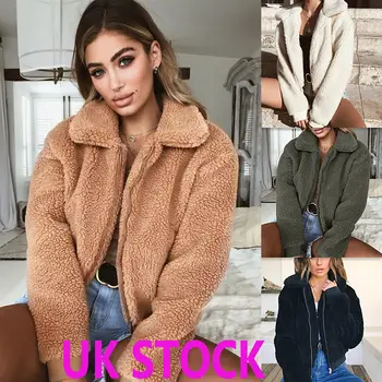 

Womens Thick Warm Teddy Bear Pocket Fleece Jacket Coat Zip Up Outwear Overcoat