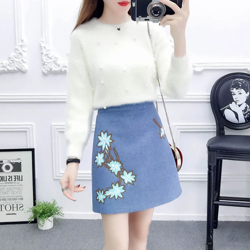 

autumn 2018 casual suit women pullover sweater top embroidery skirts two piece clothing set vestido lady clothes outfit S M L