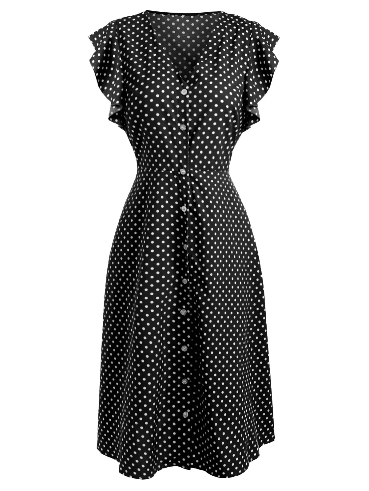 

Joineles Ruffle Sleeve Polka Dot Vintage Dress Women Buttons Summer Beach Dress High Waist Party Dresses Casual vestidos femme