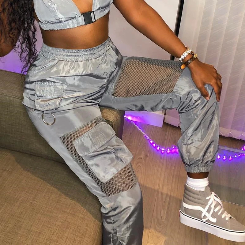 

Women Trend Streetwear Cargo Pants Mesh Transparent Joggers High Waist Harajuku Track Trousers Female Satin Sweatpants Summer