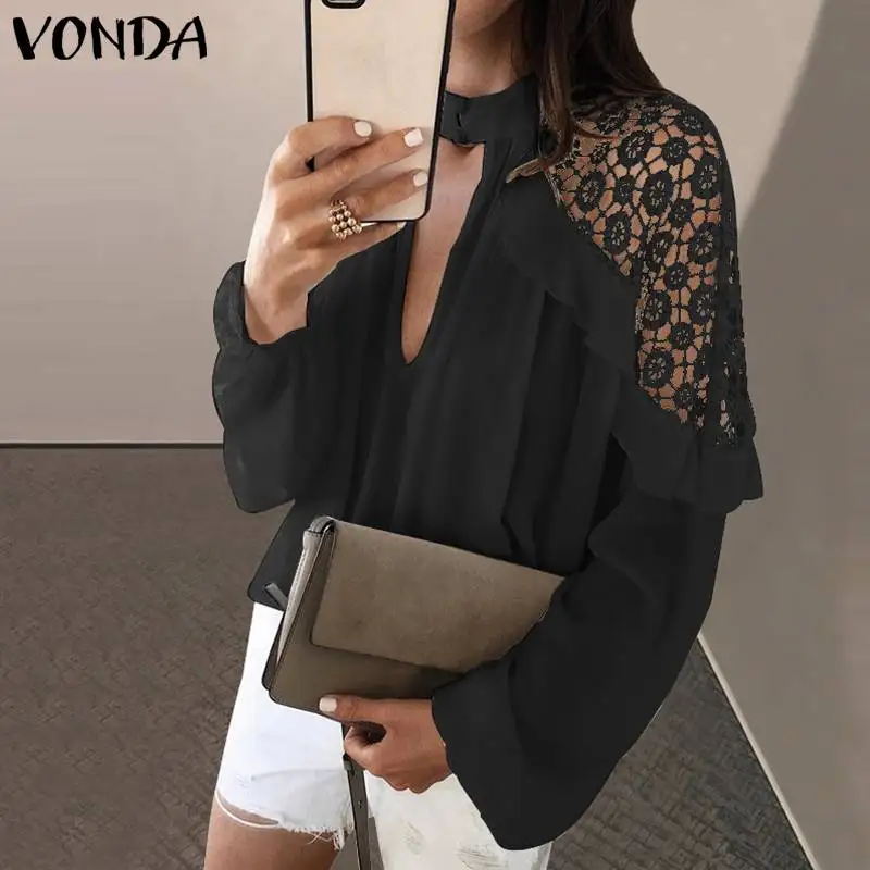  2019 VONDA Strapless Women Summer Lace Blouse Sexy Club Tops V Neck Lantern Sleeve Blusas Off The S