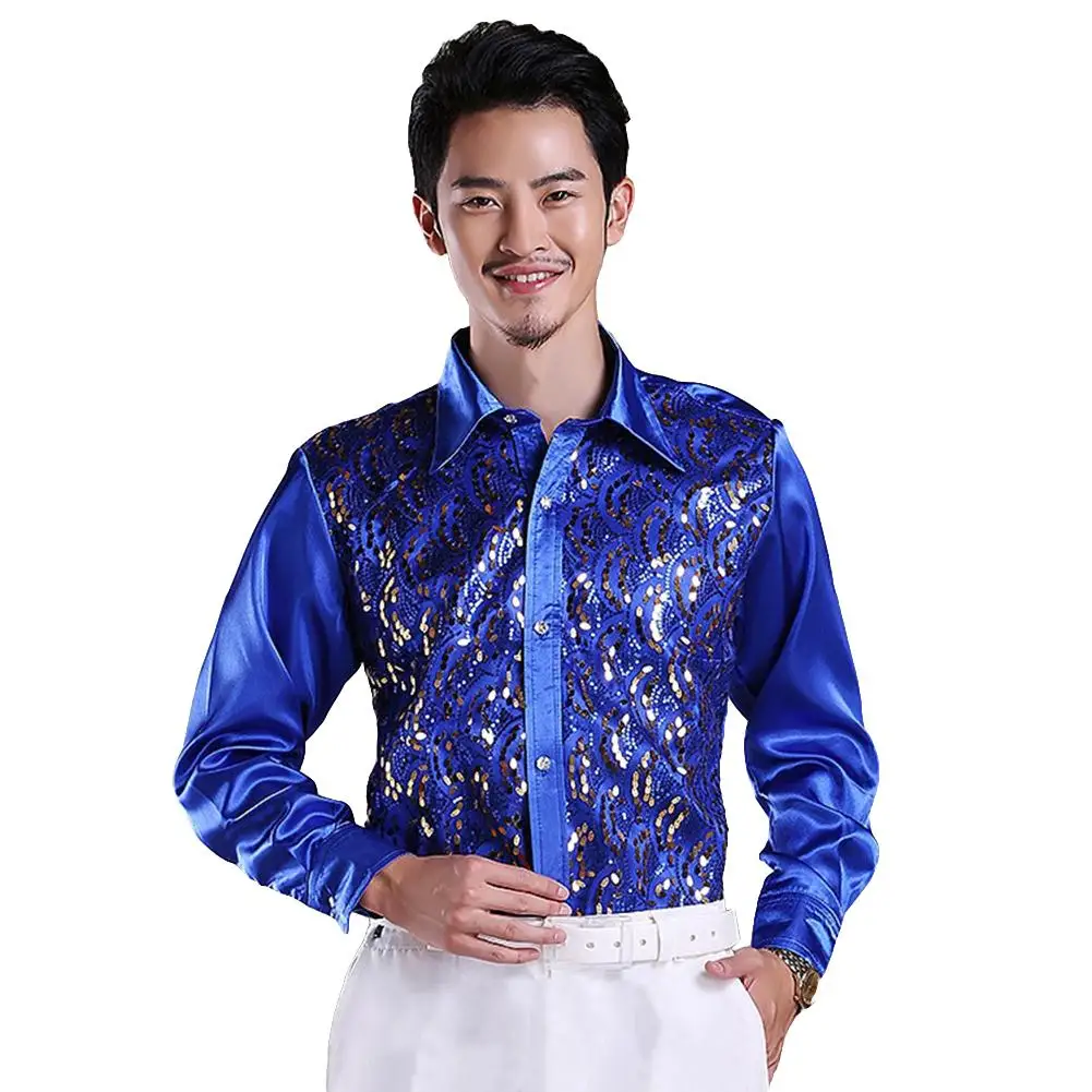 

Fashion Autumn Casual Men Shiny Sequin Glittering Sequined Shirt Top Turn Down Collar Long Sleeve Stage Performance Clothing Top