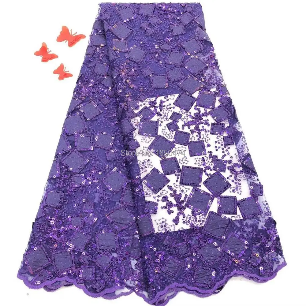

New African Sequin Lace Fabric Purple Material African French Net Lace Tulle Fabric High Quality Evening Dresses 5Yard/lot AFFJF