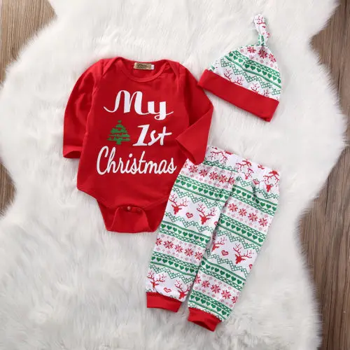 My First Christmas 3PCS Cute Baby Boys Girls Xmas Red Romper Tops Long Sleeve Pants Legging Hat Outfit Clothes Sets Hot Sale | Детская