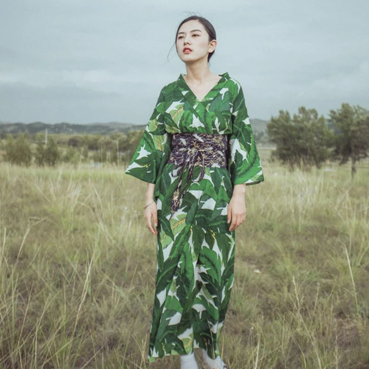 

Summer Traditional japanese kimono clothes Floral print green kimono robe Fashion womens kimono yukata obi as gift H9015
