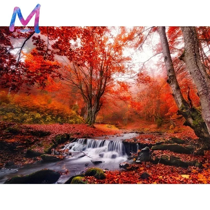 

MIAODU 5D Diamond Painting Autumn Landscape Diamond Embroidery Maple Leaves Full Drill Square Picture Of Rhinestone Decoration