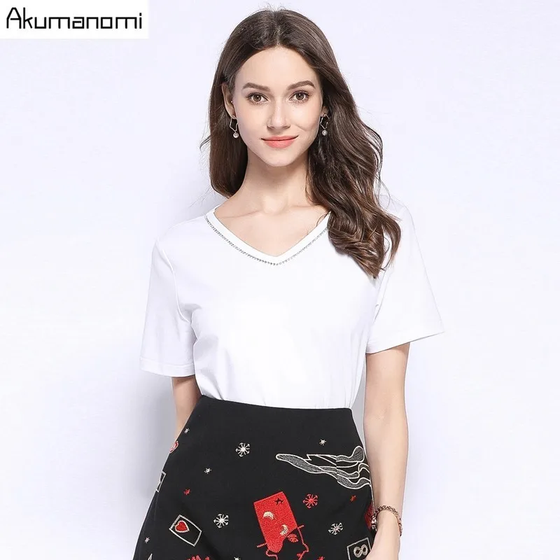 

Summer t shirt Women High Quality Plus Size 5xL-L Casual Beading V-neck Short Sleeve Ladies Tops tee Camisetas Verano Mujer 2019