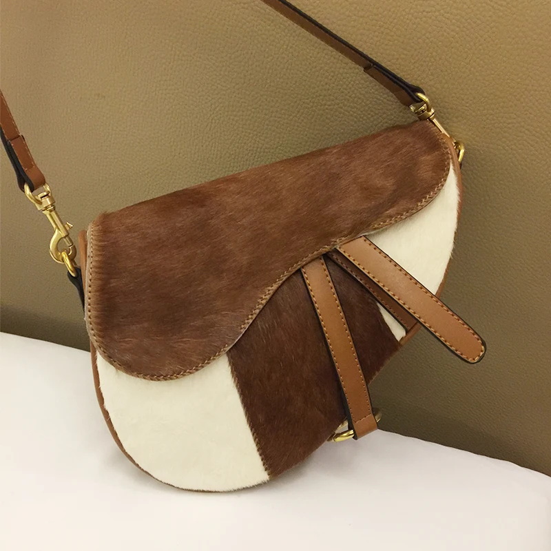 

[Telastar] Fur Woman Bag Horse Hair Patchwork Shoulder Handbag Rivet Wide Straps Bag Genuine Leather Magnetic Buckle Saddle Bag